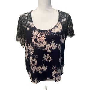 Chelation Blue Pink Floral Top Short Sleeve Lace Sz XXL